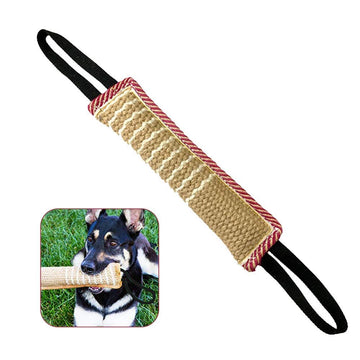 Dog tug toy with jute pillow and two handles, ideal for interactive play and tug of war with puppies.