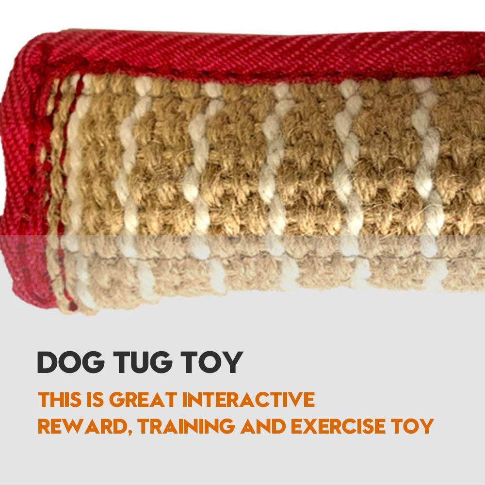 Dog tug toy with jute pillow and two handles for interactive play and tug of war, ideal for puppies and active dogs.