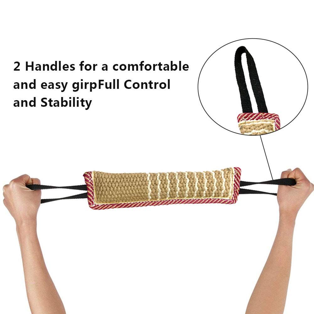 Dog tug toy made of jute with two handles, perfect for interactive play and tug of war with puppies or dogs.