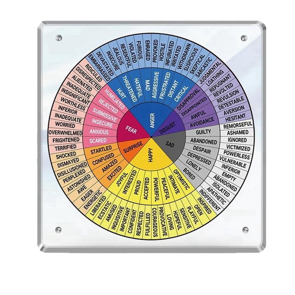 Colorful acrylic feelings and needs wheel for mental health, designed for home, office, or school use in educational settings.