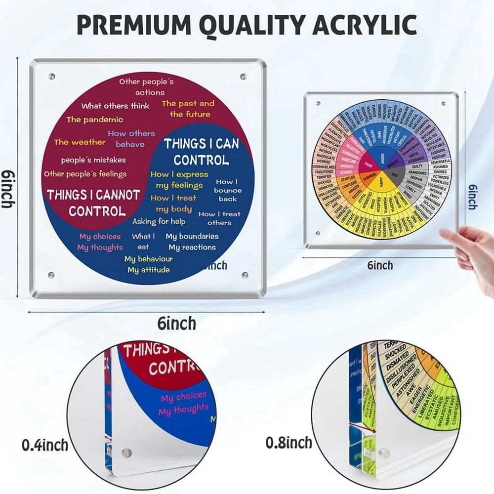 Acrylic feelings and needs wheels emotional health tool with colorful segments, designed for children and mental health education.