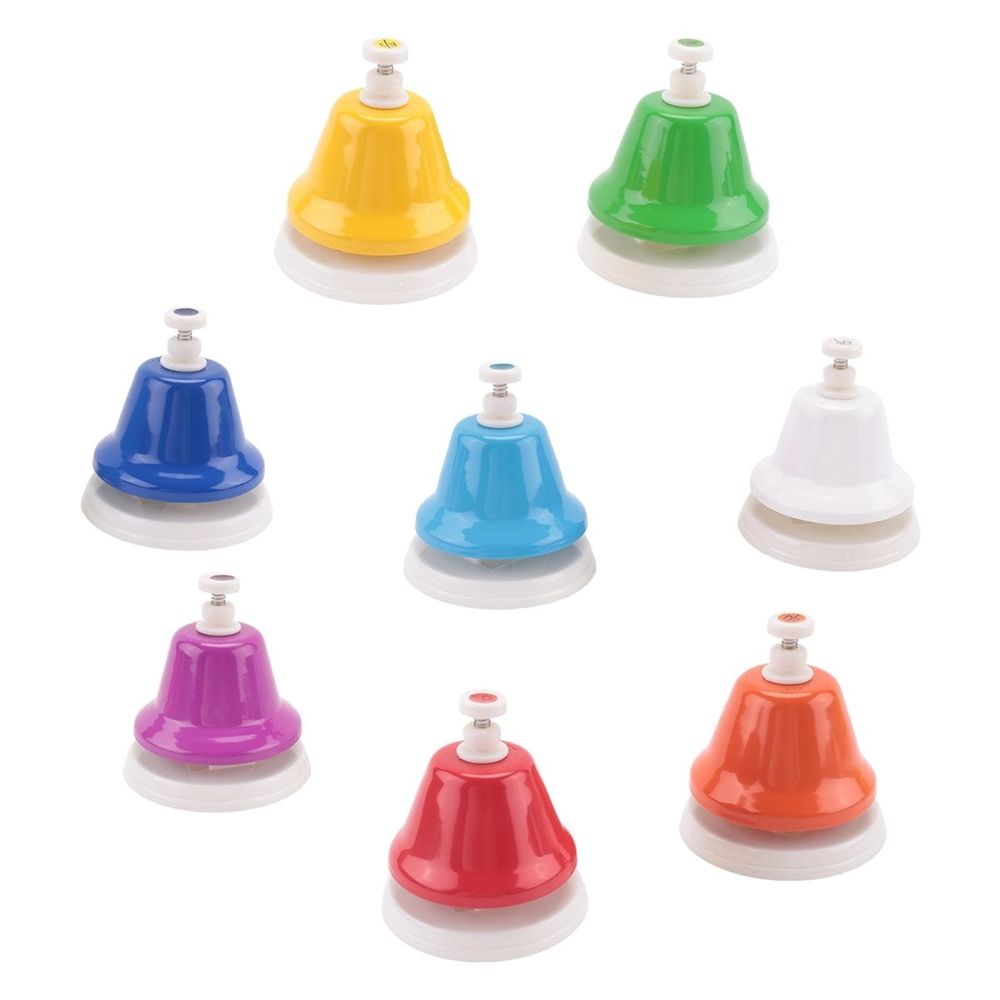 Colorful rainbow metal hand bells with 8 notes, musical learning toy for kids, diatonic percussion instrument for children.