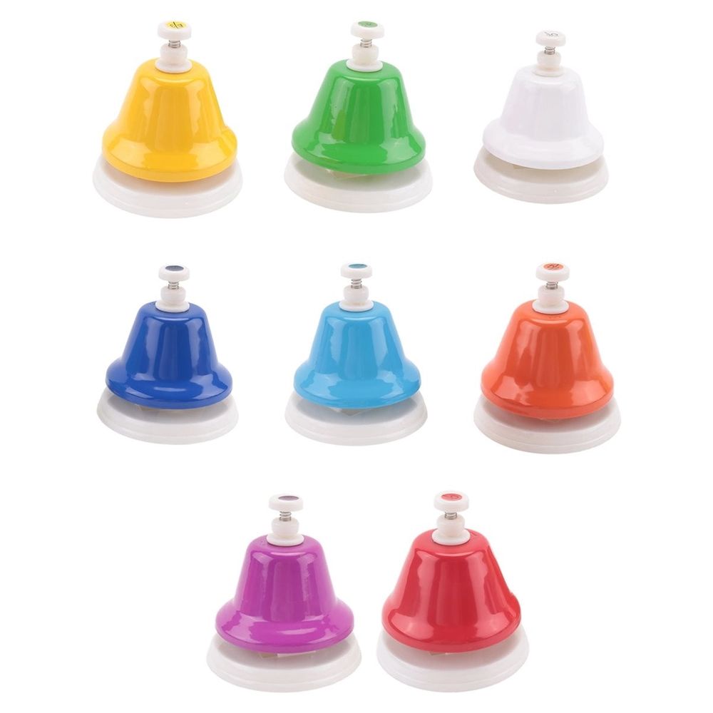 Colorful rainbow metal hand bells with 8 notes, ideal for musical learning and kids' percussion toys by Everything Baby.