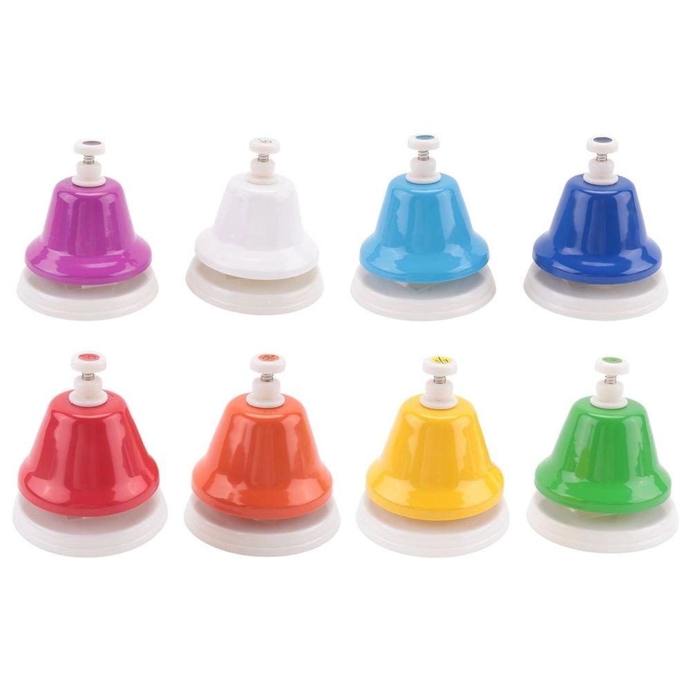 Colorful rainbow metal hand desk bells with 8 diatonic notes, ideal musical learning toys for kids from Everything Baby.
