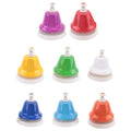 Colorful rainbow metal hand bells with 8 notes for kids' musical learning and percussion play, ideal for young children.