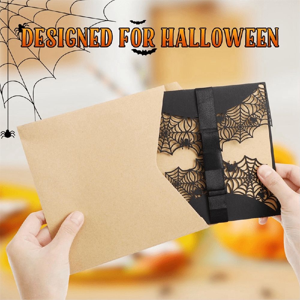 Black Halloween invitations cards with spiderweb design, bowknots, and hollow horror theme, perfect for kids' spooky party invites.