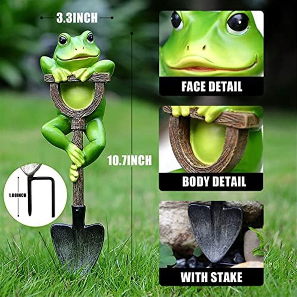 Green resin frog figurine with shovel, 16.5cm outdoor garden statue, hand-painted decorative toy for kids' outdoor play.