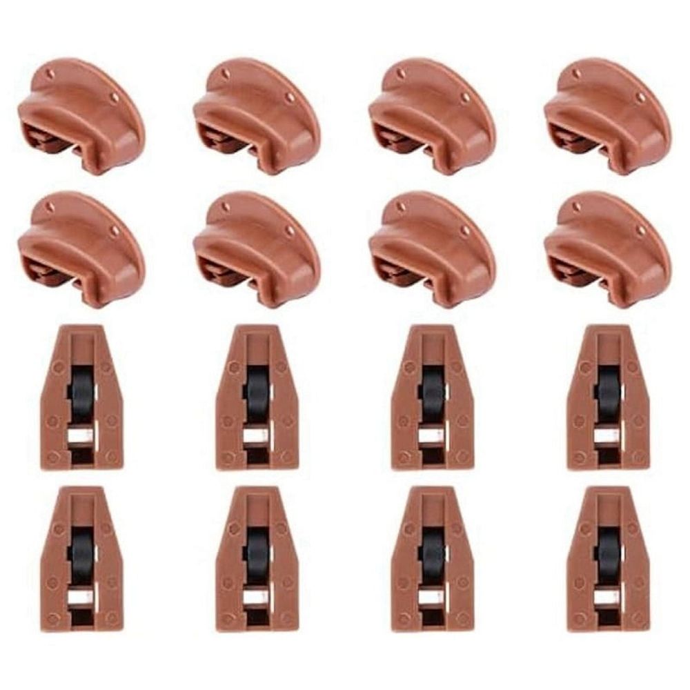 Eight sets of brown plastic drawer track guides kit for center mount dressers and changing tables, replacement drawer slide parts.