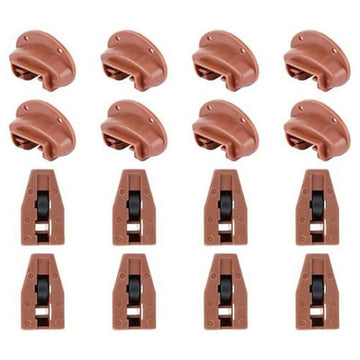 Eight sets of brown plastic drawer track guides kit for center mount dressers and changing tables, replacement drawer slide parts.