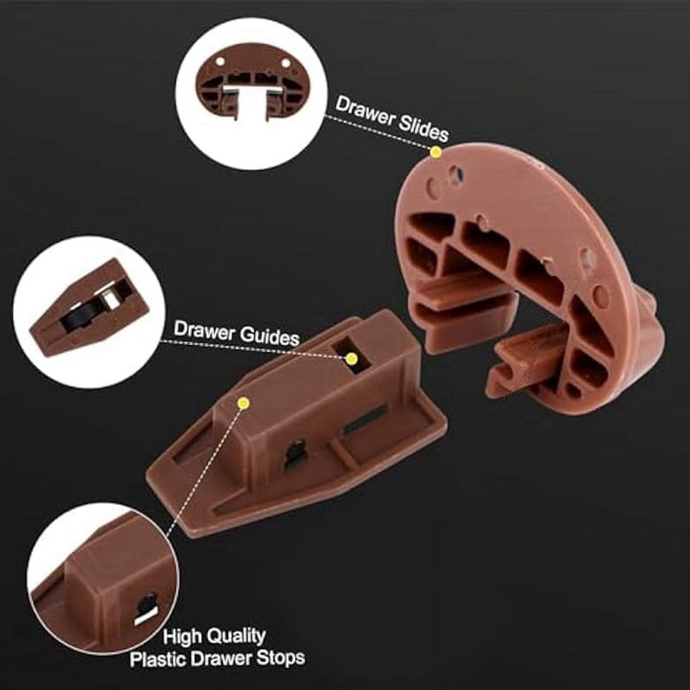 Eight sets of brown plastic drawer track guides kit for center mount dresser drawers, replacement guides for kid's furniture.
