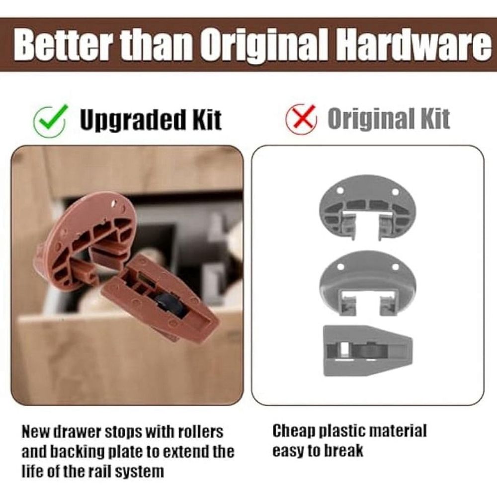 Eight sets of brown plastic drawer track guides for center mount dresser drawers, suitable for kid's furniture and changing tables.