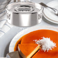 Stainless steel flan pan mold with lid, 2.3 Qt, designed for baking flan in pretend play kitchen sets for kids.