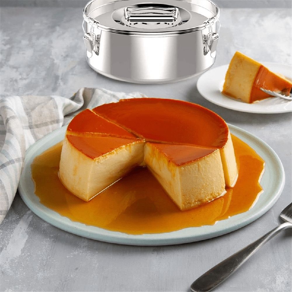 Stainless steel flan pan mold with lid, 2.3 Qt, ideal for baking flan and desserts, designed for creative pretend play with kids