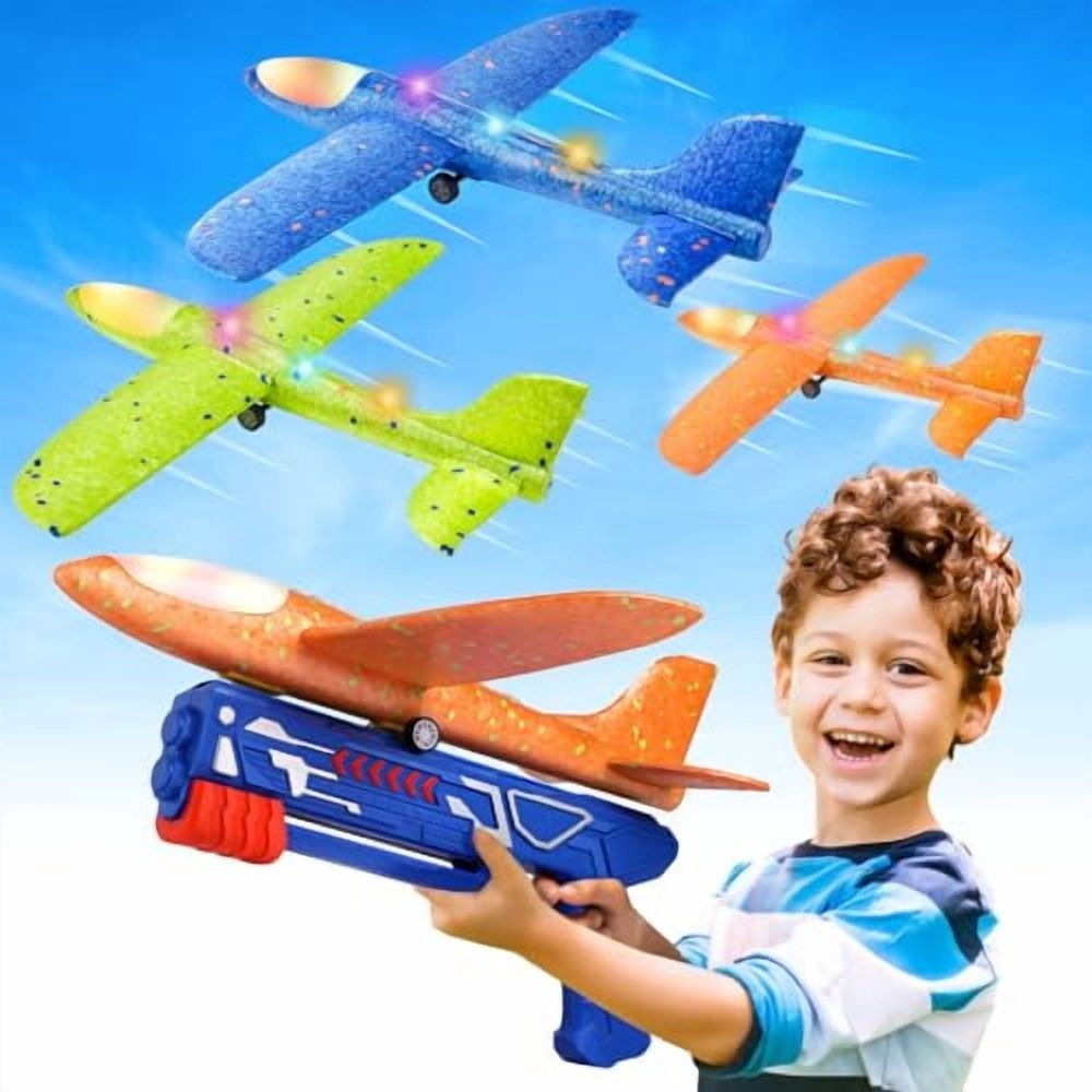 Everything Baby 3-pack LED foam airplane launcher toys for kids, includes 13.2' glider planes with LED lights and two flight modes.