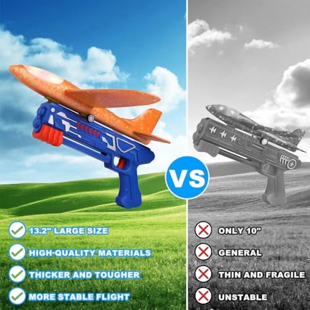 Everything Baby 3-pack LED foam airplane launcher toys with 13.2-foot flight range, suitable for kids' outdoor flying and pretend play.