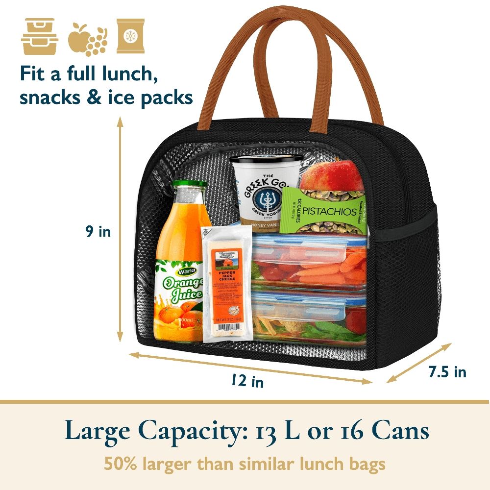 Insulated lunch bag for women with large capacity, cute design, and zippered pocket for wallet and phone, ideal for work or school.