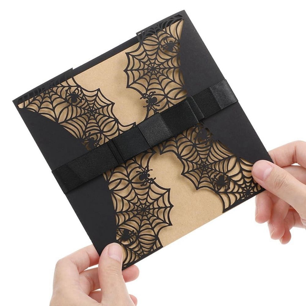 Set of 10 Halloween invitations cards with spiderweb design, black color, and bowknot details, ideal for spooky party invitations.