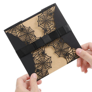 Set of 10 Halloween invitations cards with spiderweb design, black color, and bowknot details, ideal for spooky party invitations.