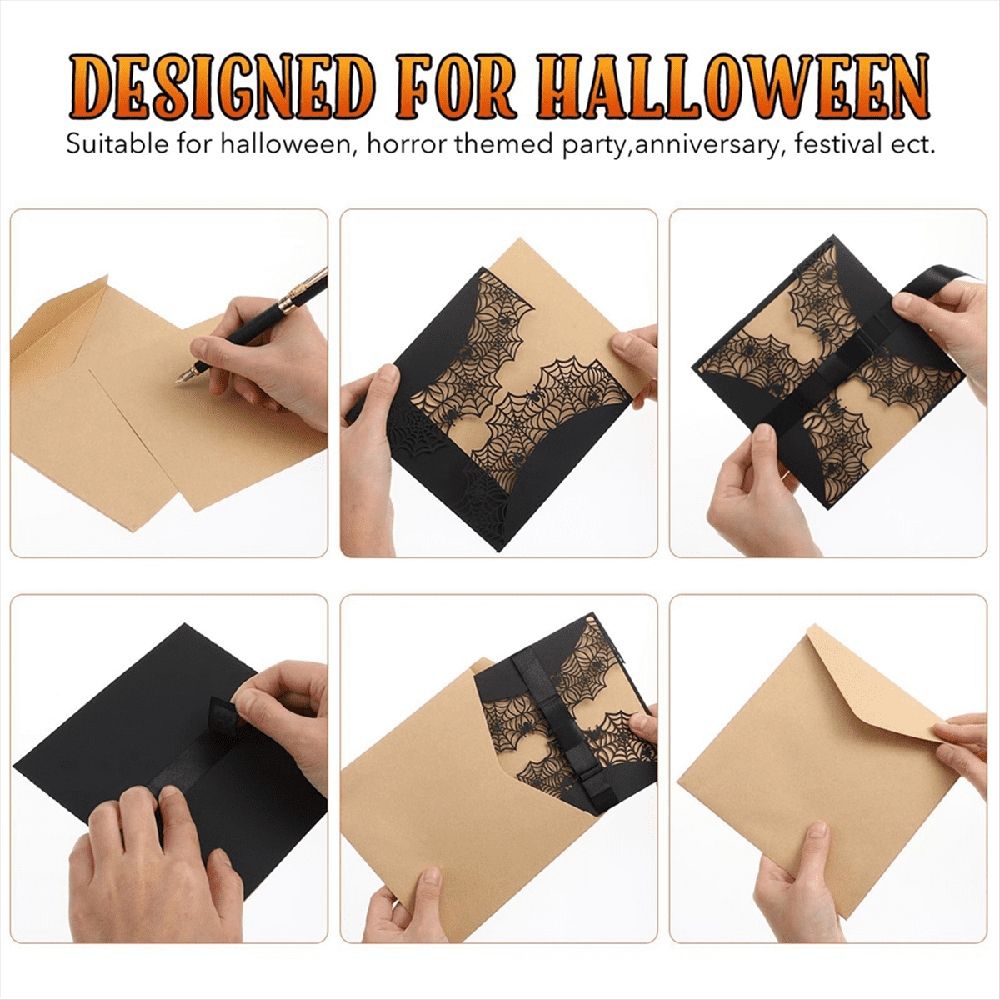 Black Halloween invitations card set by Everything Baby featuring spiderweb design and bowknots for kids' party invitations.
