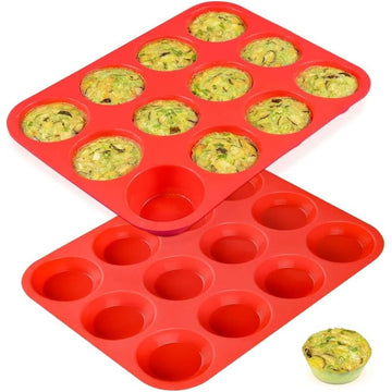 Red 12-cup silicone muffin pan for baking cupcakes, ideal for baby and kids feeding, from Everything Baby.