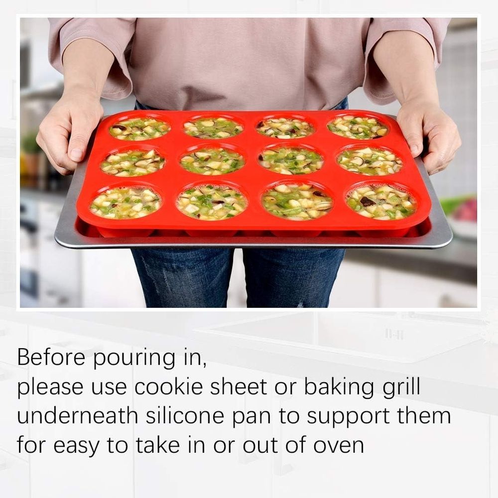 Red 12-cup silicone muffin pan from Everything Baby, perfect for baking cupcakes or kid-friendly treats.