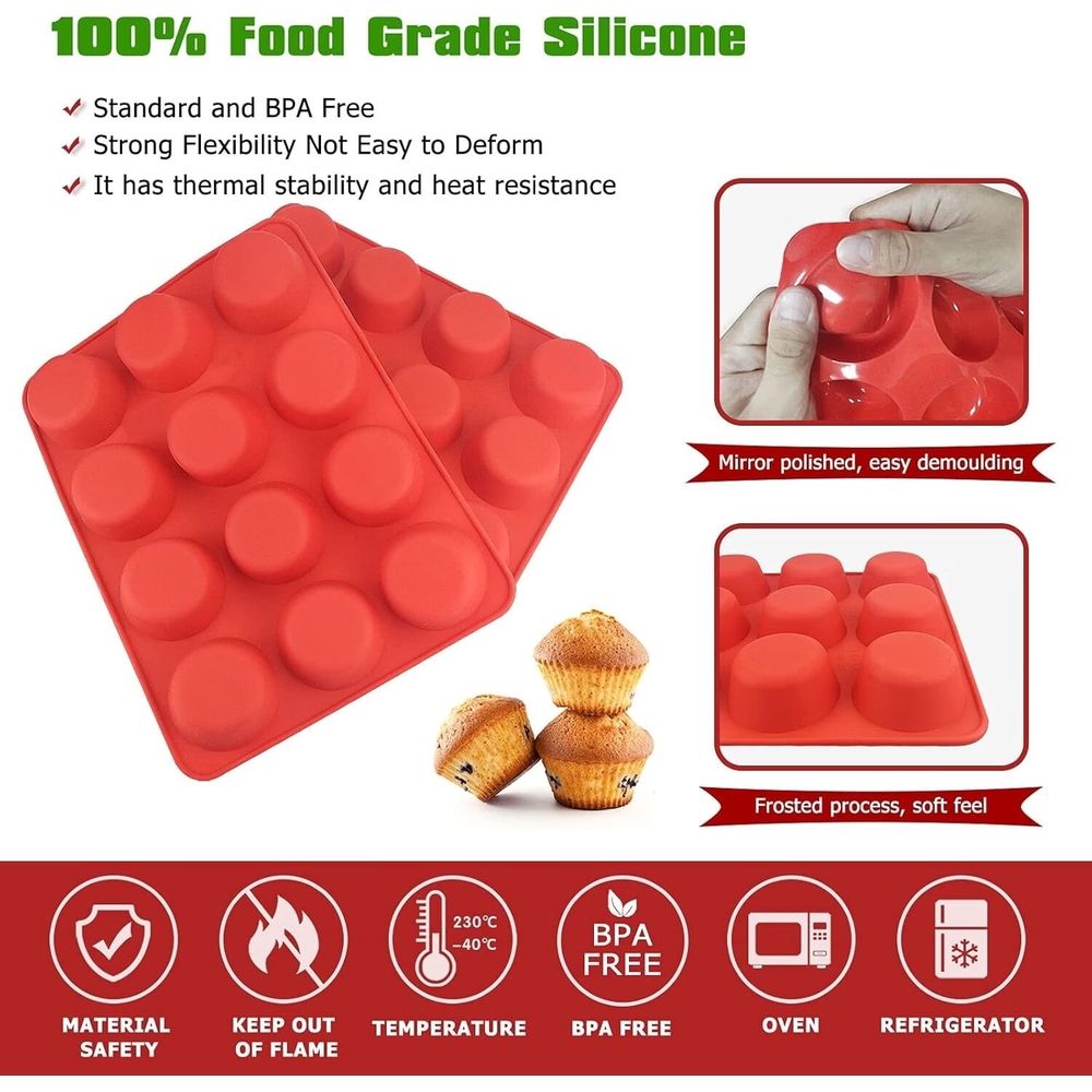 Red 2-pack silicone muffin pans with 12 cups each, ideal for baking cupcakes or muffins, flexible and non-stick.