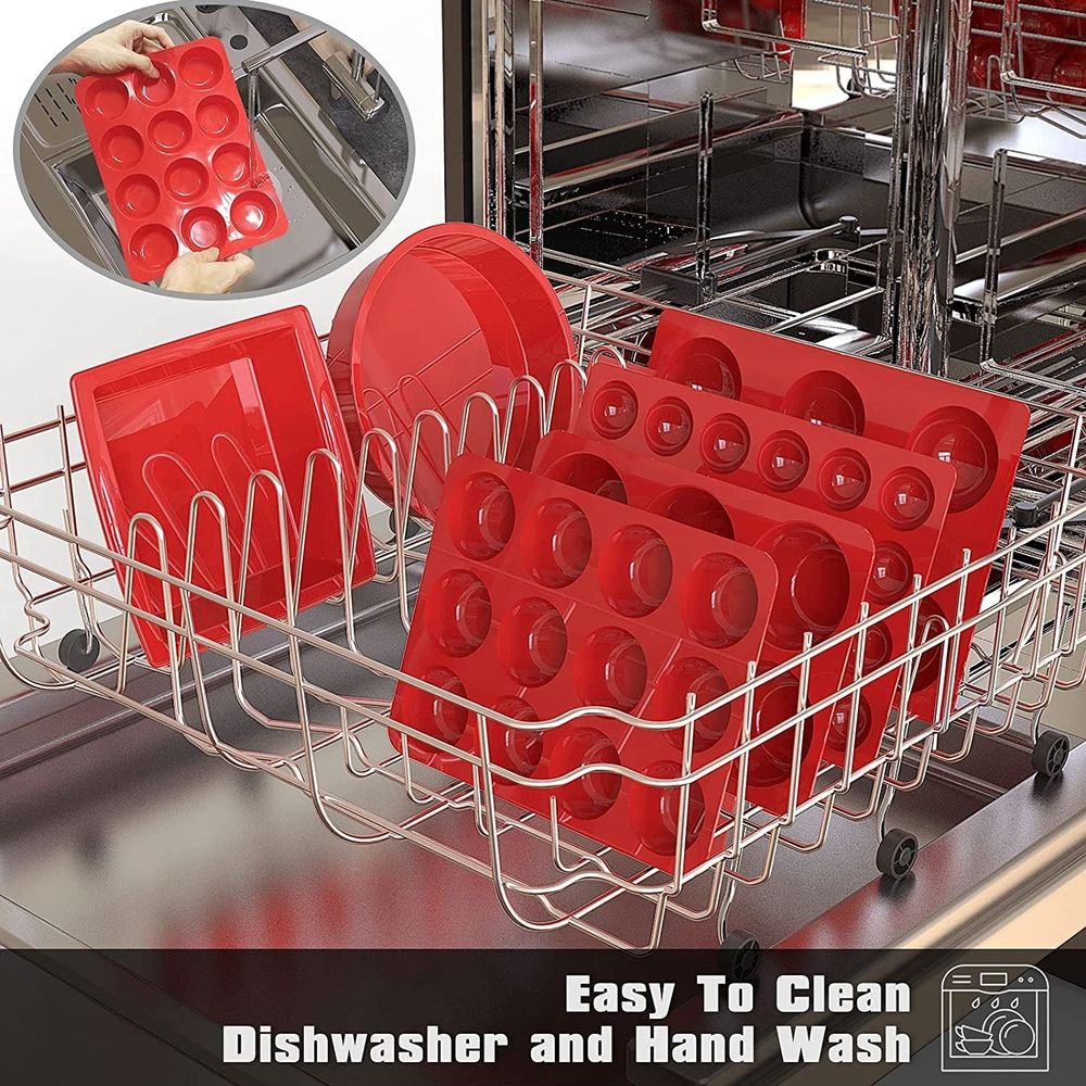 Red 12-cup silicone muffin pan by Everything Baby, ideal for baking cupcakes and kid-friendly treats.