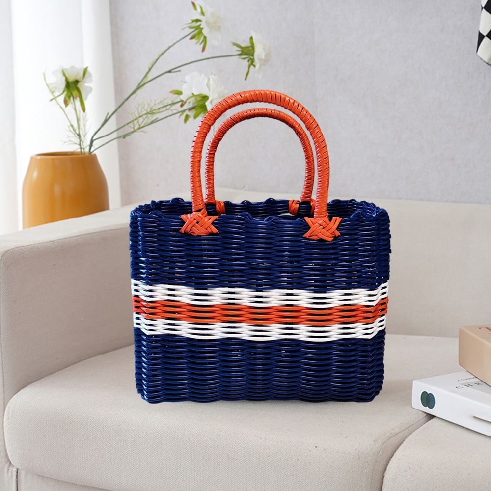 Imitation rattan basket with handle, woven straw design for fruits, vegetables, picnic, groceries, and outdoor use by Everything Baby.