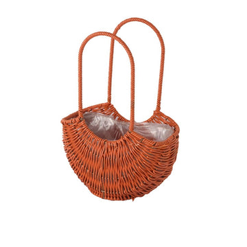Rattan flower girl basket with handle, half moon straw wicker design, suitable for wedding, picnic, garden storage, or home decor.