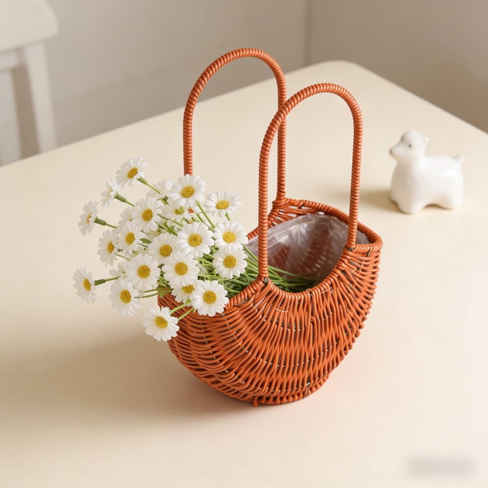 Rattan flower girl basket with handle, half-moon straw wicker for weddings, picnics, garden storage, and home decor by Everything Baby