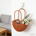 Rattan flower girl basket with handle, half moon straw wicker design, ideal for wedding, picnic, garden storage, or home decor.