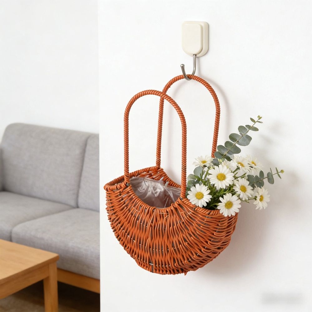 Rattan flower girl basket with handle, half moon straw wicker design, ideal for wedding, picnic, garden storage, or home decor.