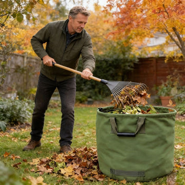 Heavy-duty 30-gallon canvas garden leaf bag with rubber handles, waterproof and tear-resistant for outdoor yard waste and gardening cleanup.