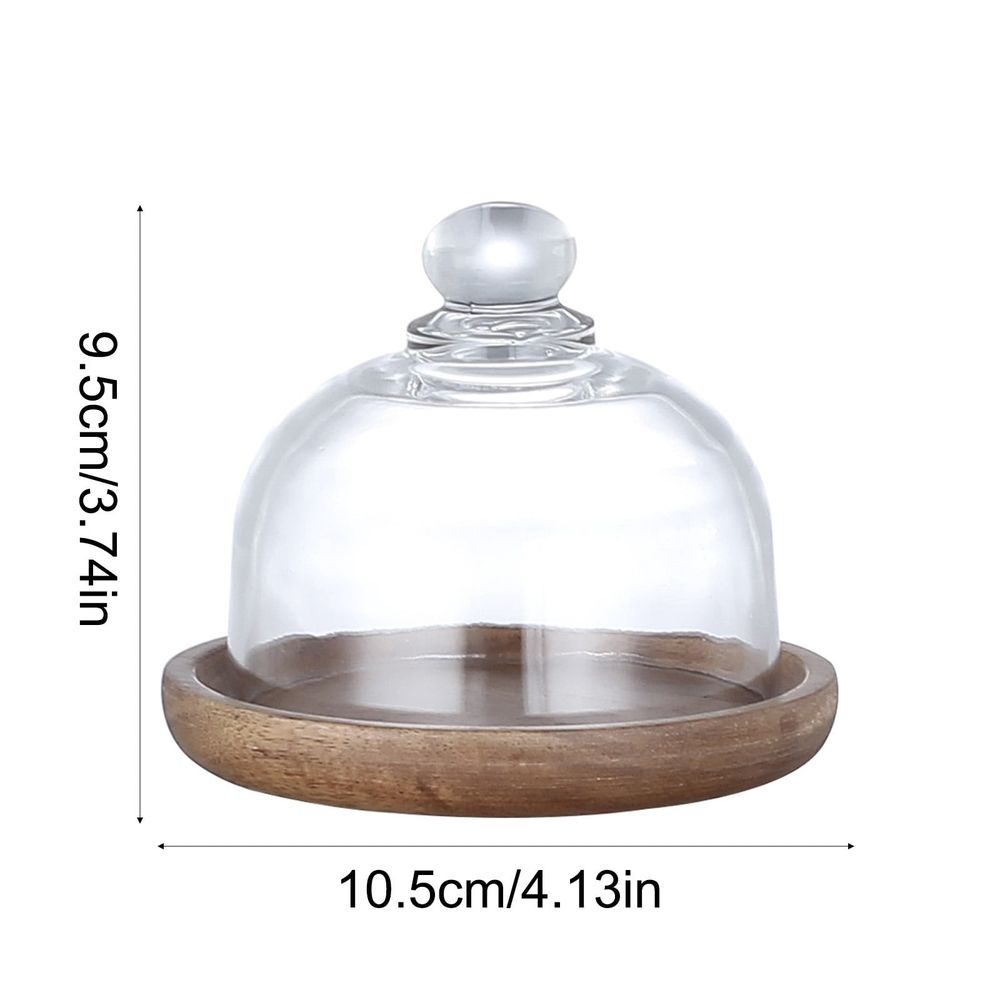 Mini dessert plate tray with glass lid, wood base, used for displaying cupcakes, macarons, and cookies at parties or home.