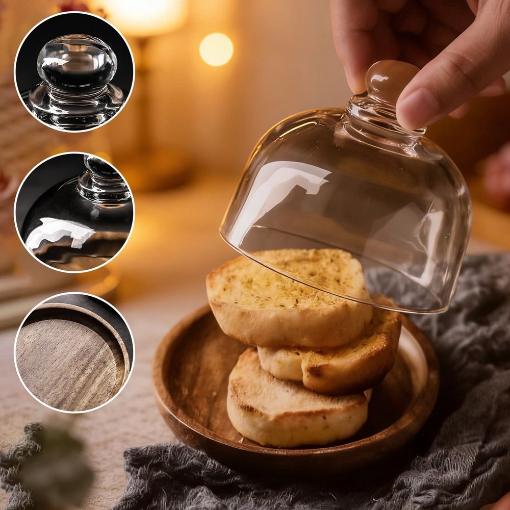 Mini dessert plate tray with glass lid and wood base for cakes, macarons, and cupcakes, ideal for parties and home serving.