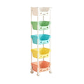 Cute 5-tier rolling storage rack with smiling face design, lockable wheels, for kids' room toy, book, and snack organization.