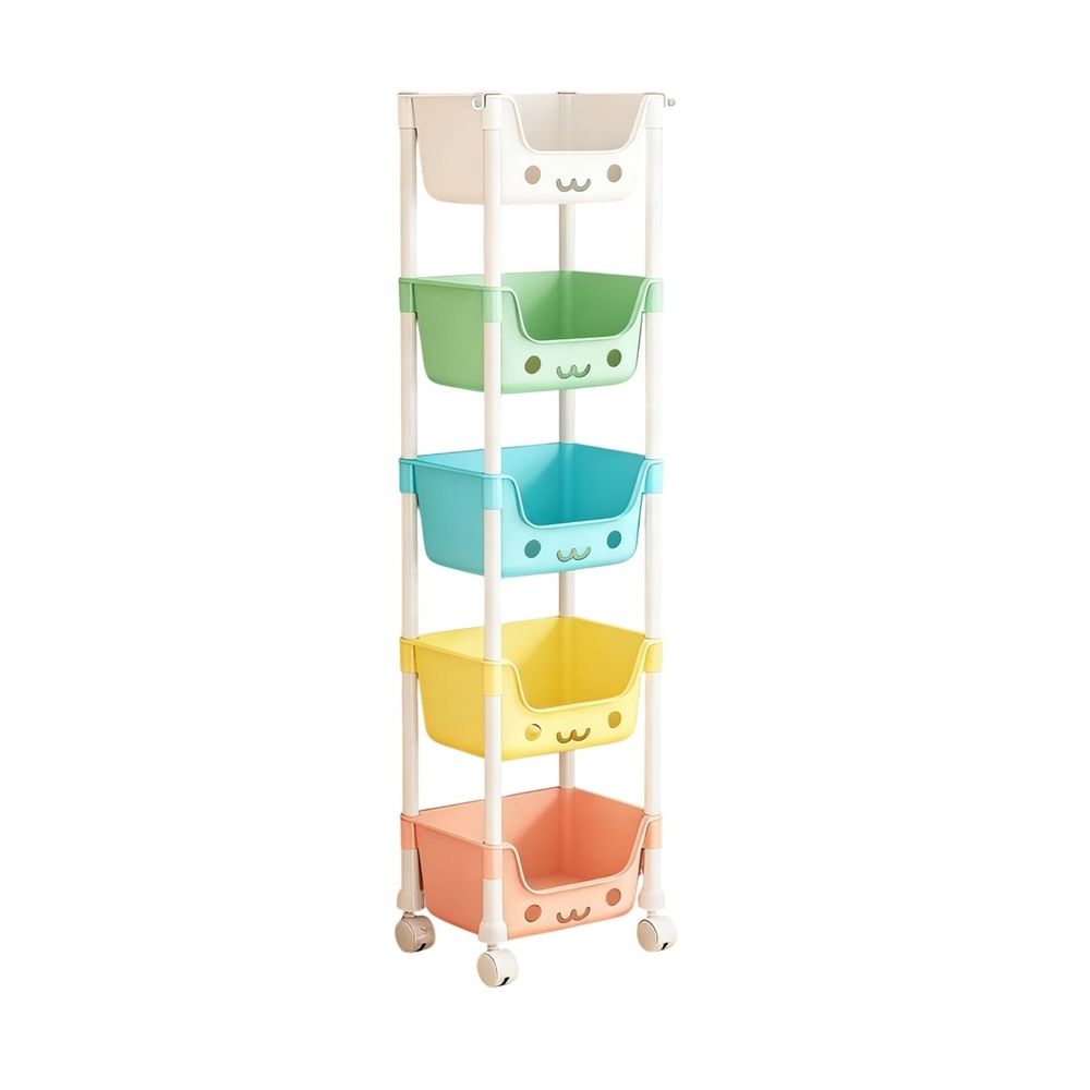 Cute 5-tier rolling storage rack with smiling face design, lockable wheels, for kids' room toy, book, and snack organization.