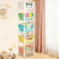 Cute 5-tier rolling storage rack with smiling face design, lockable wheels, open shelves for toys, books, and bedroom or playroom use.