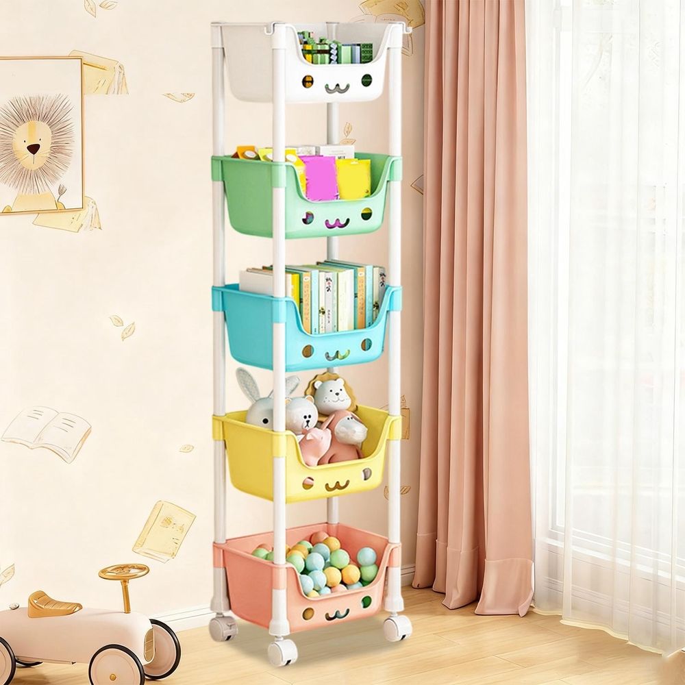 Cute 5-tier rolling storage rack with smiling face design, lockable wheels, open shelves for toys, books, and bedroom or playroom use.