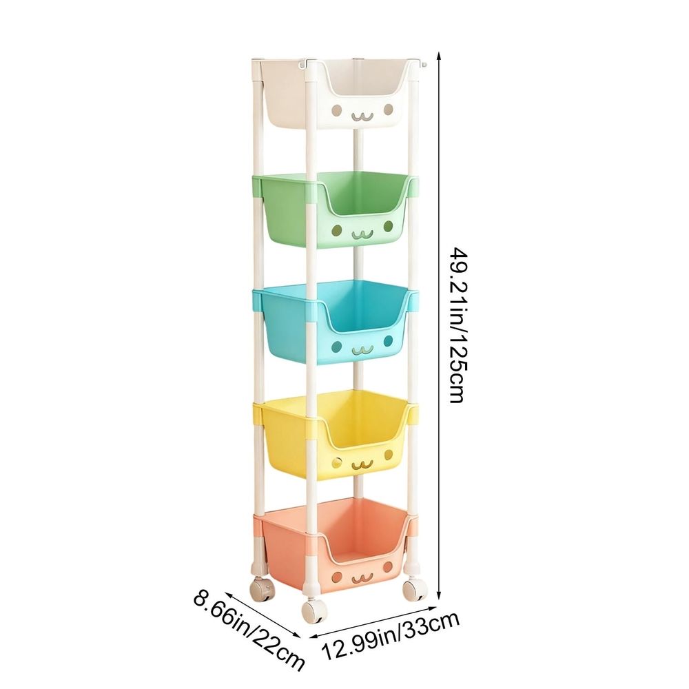 Cute 5-tier rolling storage rack with smiling face design, lockable wheels, ideal for kids' books, toys, and bedroom or playroom organization