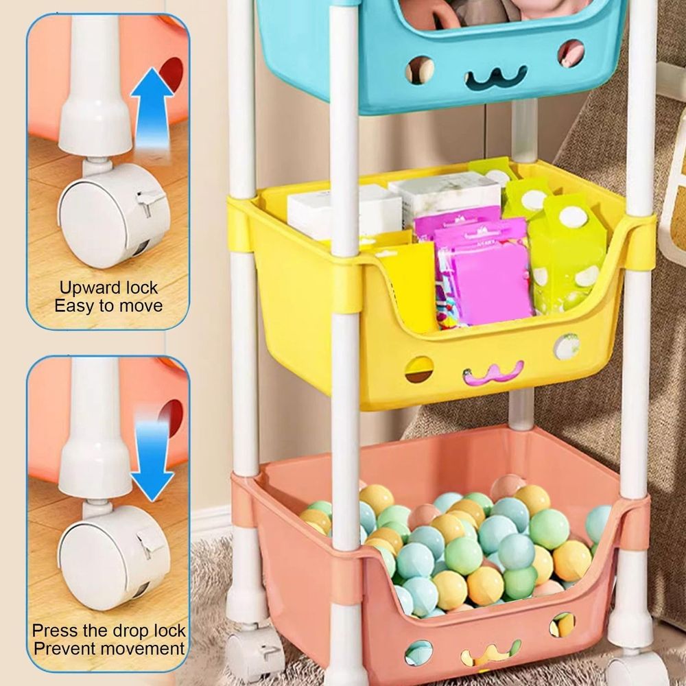 Cute 5-tier rolling storage rack with smiling face design, lockable wheels, open shelves for toys, books, and snacks in kids' room.