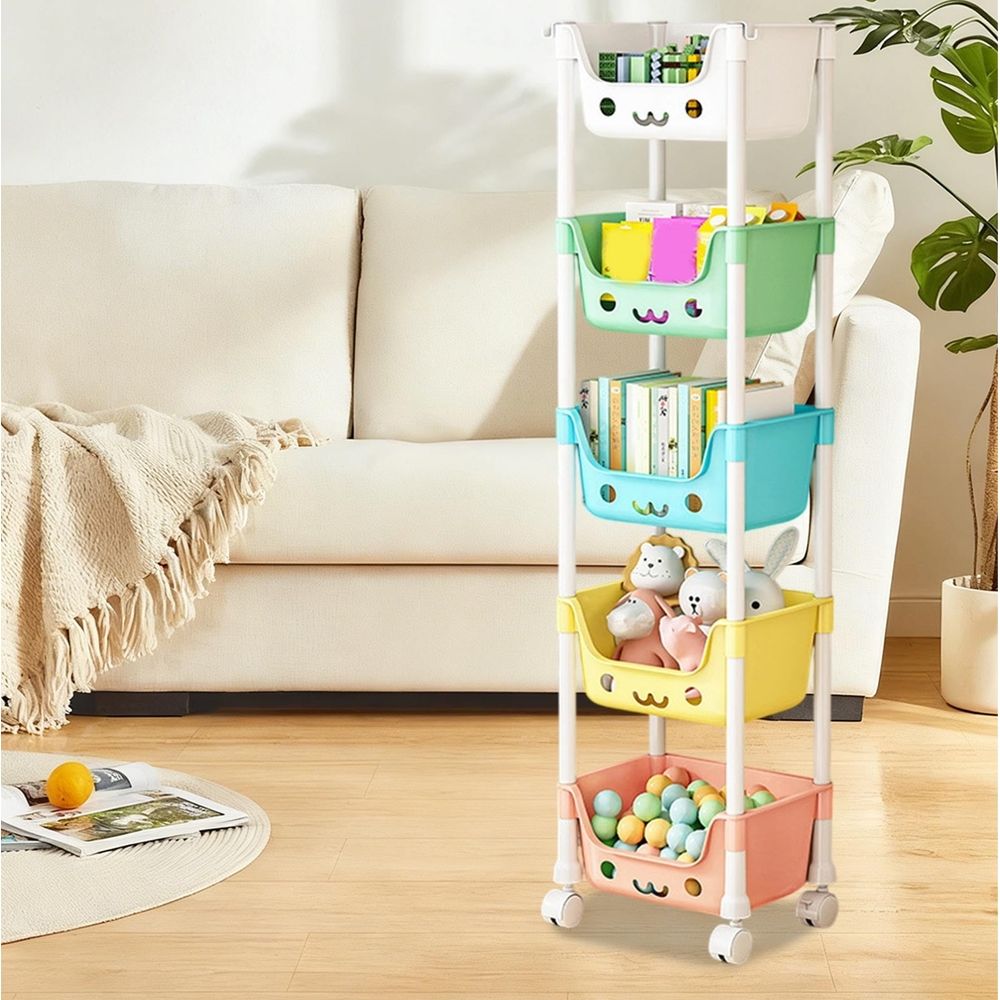 Cute 5-tier rolling storage rack with smiling face design, lockable wheels, open shelves for toys snacks books in a kid's room.