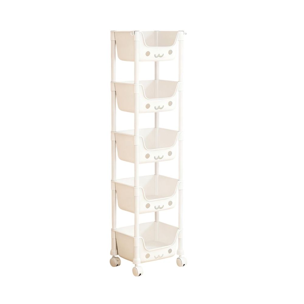 Cute 5-tier baby and kids' storage rack with smiling face design, lockable swivel wheels, ideal for bedrooms, playrooms, and kitchens.