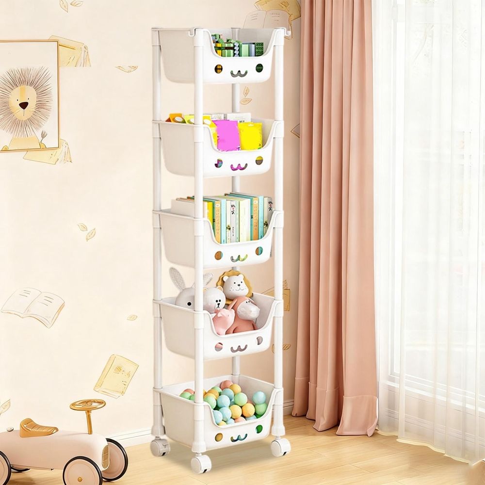Cute 5-tier rolling storage rack with smiling face design, lockable wheels, ideal for kids' rooms, bedrooms, playrooms, and kitchens.