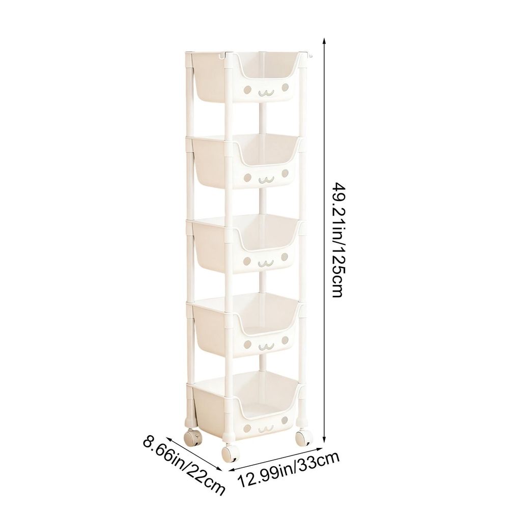 Cute 5-tier Baby & Kids storage rack with smiling face design, lockable swivel wheels, ideal for bedrooms, playrooms, and living rooms.