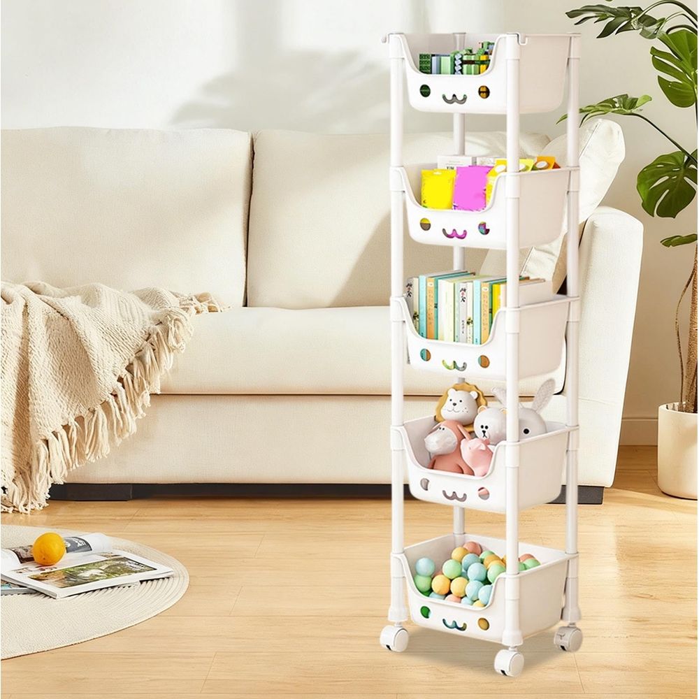 Cute 5-tier baby storage rack with smiling face design, lockable wheels, ideal for toys, books, and bedroom or playroom organization.