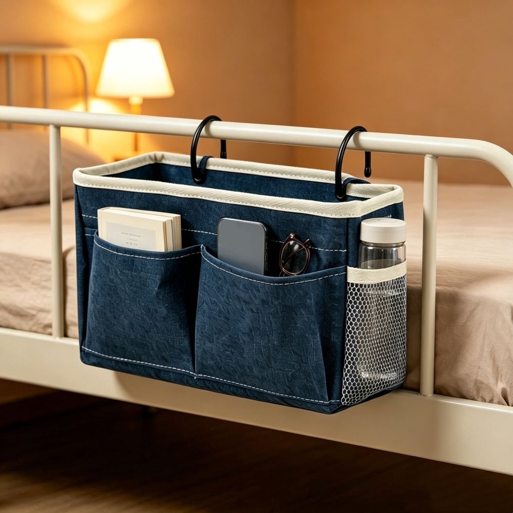 Canvas bedside caddy hanging organizer with water bottle holder, ideal for dorm bunk beds and kids' bedrooms.