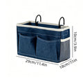Canvas bedside caddy hanging organizer with water bottle holder for dorm bed, suitable for kids' storage and bedroom use.