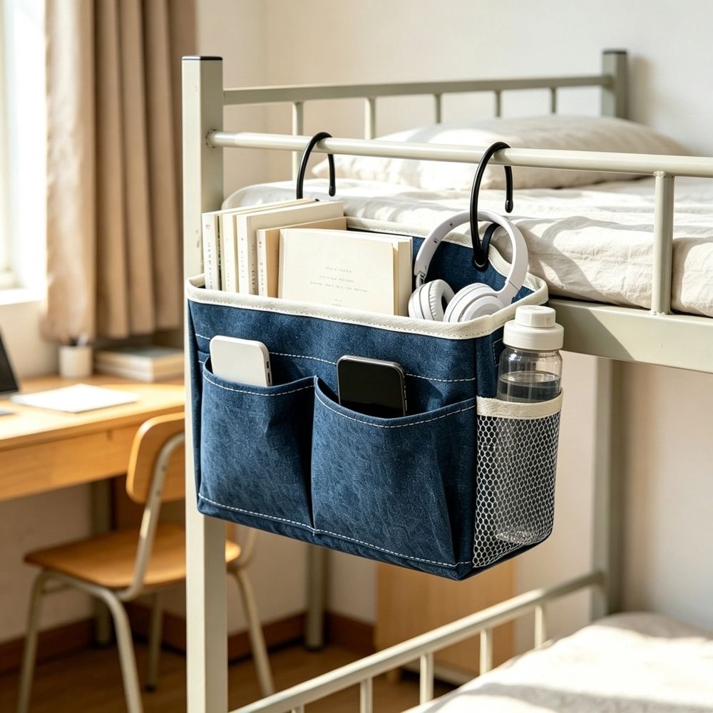 Canvas bedside caddy hanging organizer with water bottle holder for dorm or bunk beds, ideal for kids' bedroom storage.