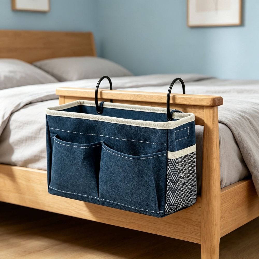Canvas bedside caddy hanging organizer with water bottle holder for dorm bunk beds, designed for kids' bedrooms and storage.